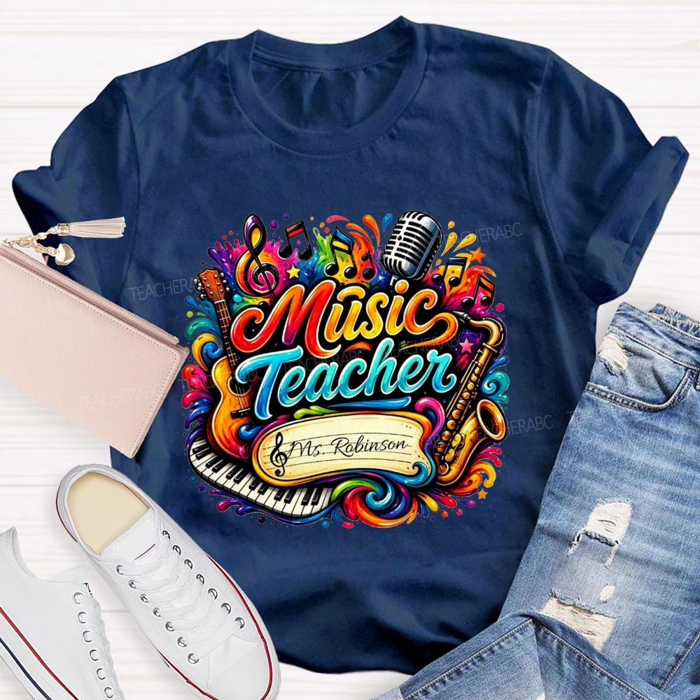 Personalized Name Music Teacher Rainbow Splash Instrument Teacher T-shirt