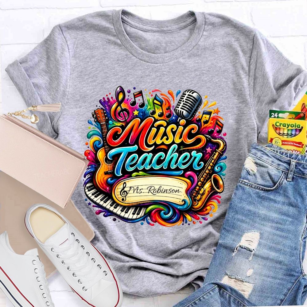 Personalized Name Music Teacher Rainbow Splash Instrument Teacher T-shirt