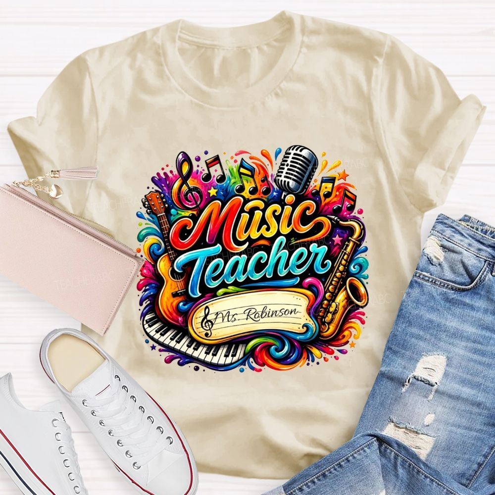 Personalized Name Music Teacher Rainbow Splash Instrument Teacher T-shirt