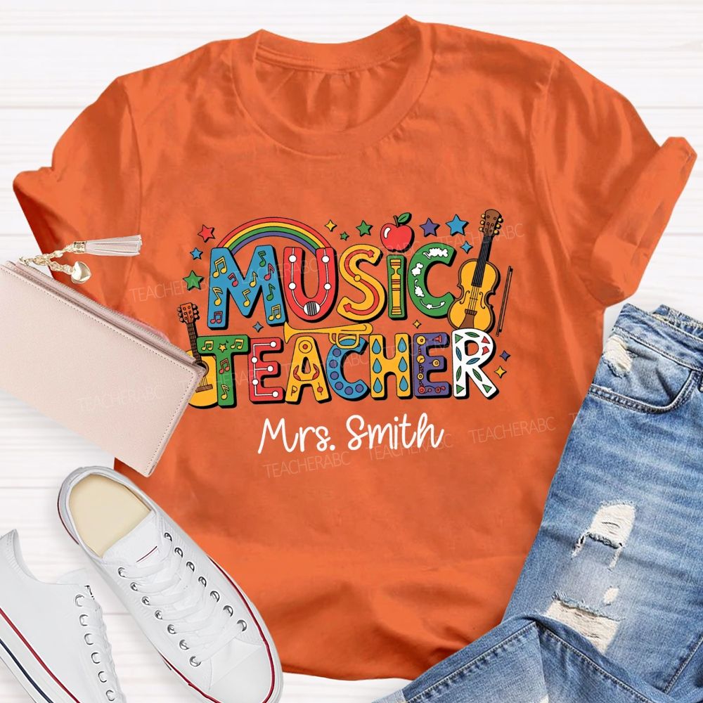 Personalized Name Music Teacher Rainbow Instrument Letter Graphic Teacher T-shirt