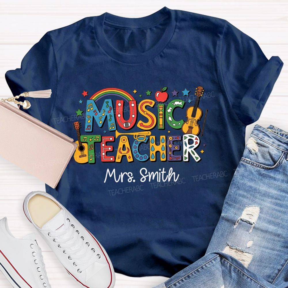 Personalized Name Music Teacher Rainbow Instrument Letter Graphic Teacher T-shirt