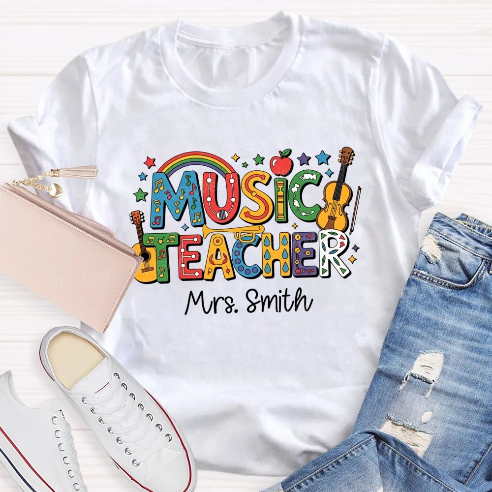 Personalized Name Music Teacher Rainbow Instrument Letter Graphic Teacher T-shirt