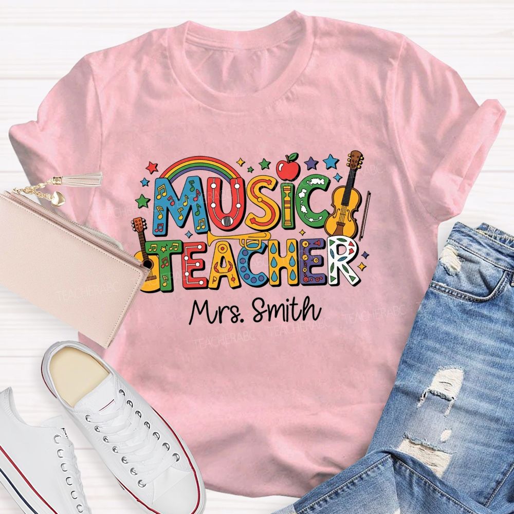 Personalized Name Music Teacher Rainbow Instrument Letter Graphic Teacher T-shirt