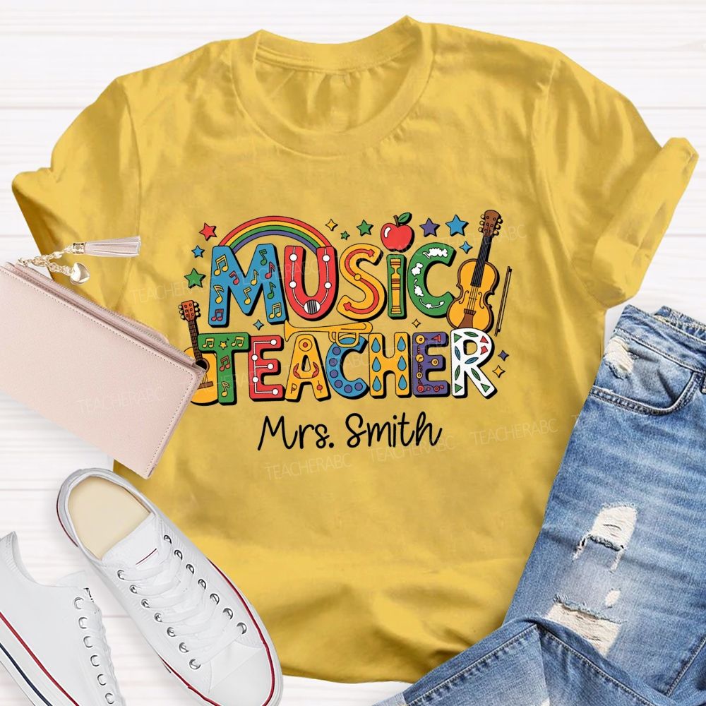 Personalized Name Music Teacher Rainbow Instrument Letter Graphic Teacher T-shirt
