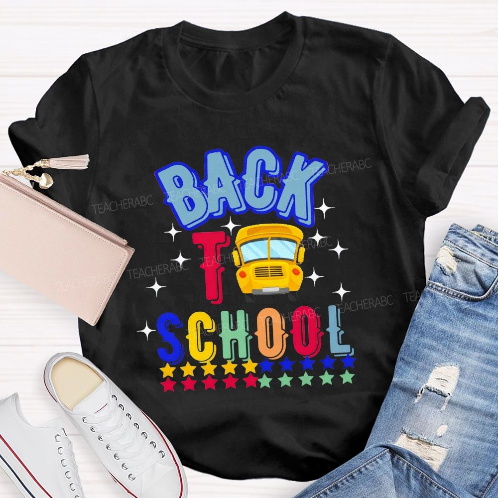 Back To School And School Bus Rainbow Star Teacher T-shirt