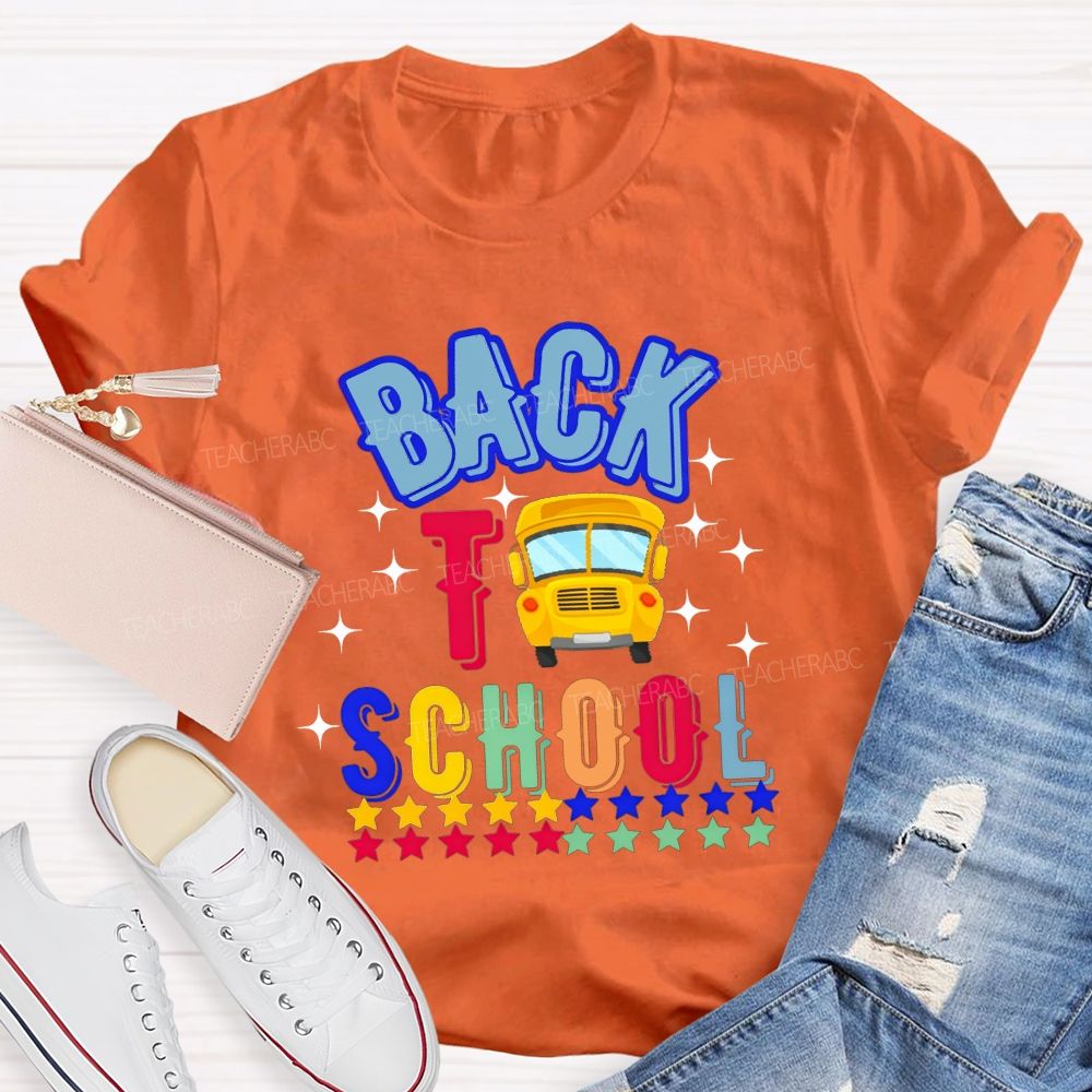 Back To School And School Bus Rainbow Star Teacher T-shirt