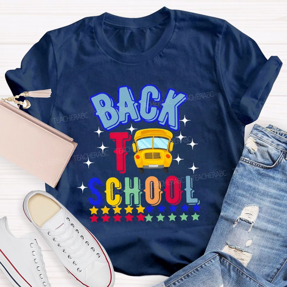 Back To School And School Bus Rainbow Star Teacher T-shirt