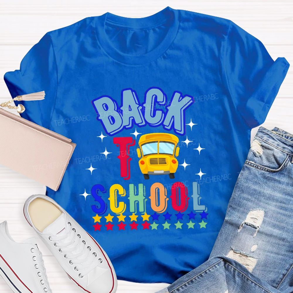 Back To School And School Bus Rainbow Star Teacher T-shirt