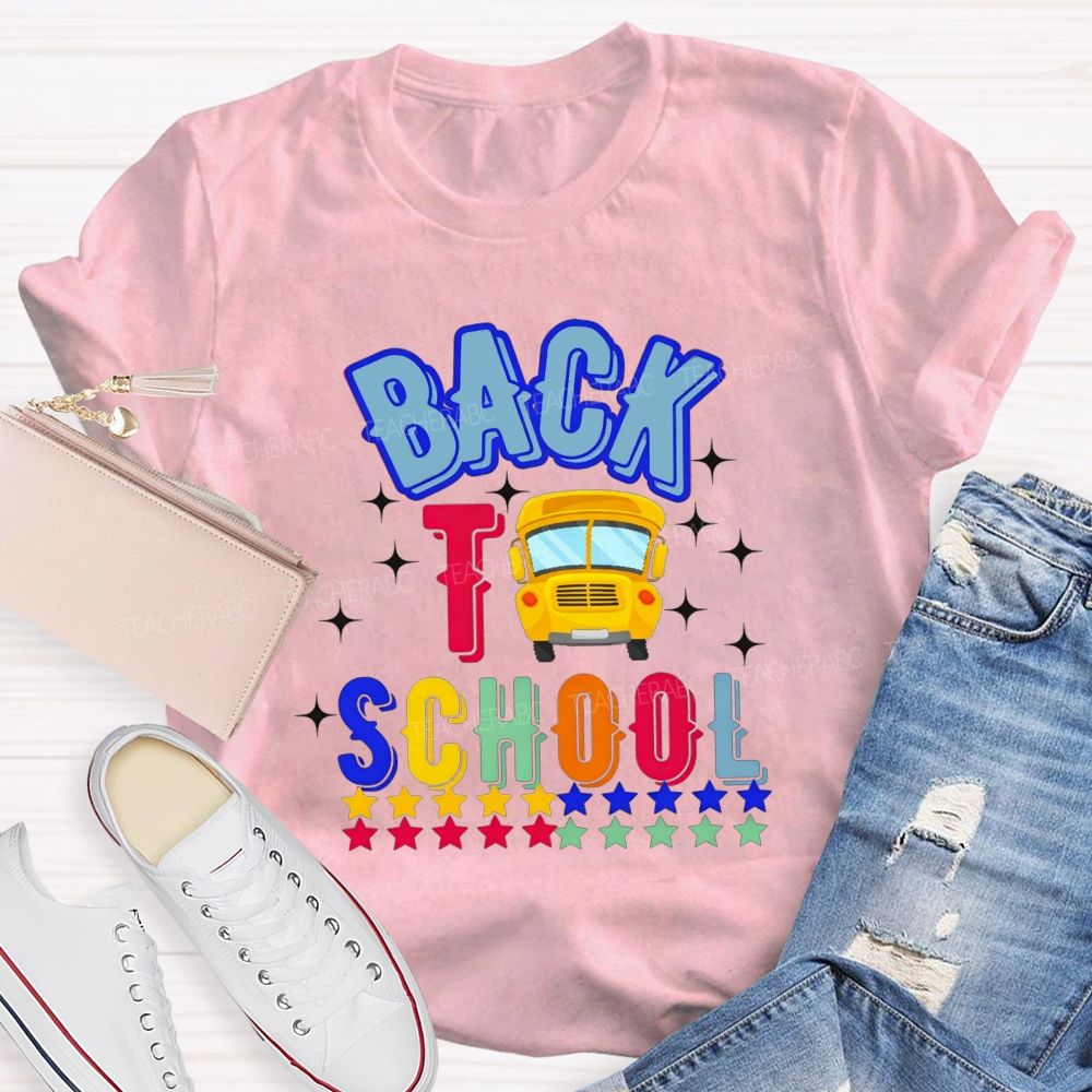Back To School And School Bus Rainbow Star Teacher T-shirt