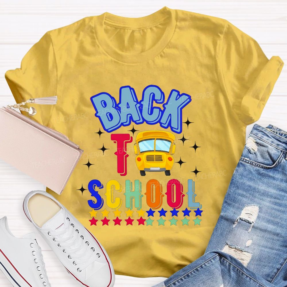 Back To School And School Bus Rainbow Star Teacher T-shirt