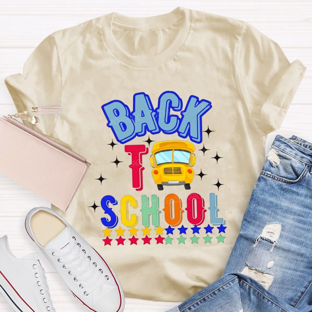 Back To School And School Bus Rainbow Star Teacher T-shirt