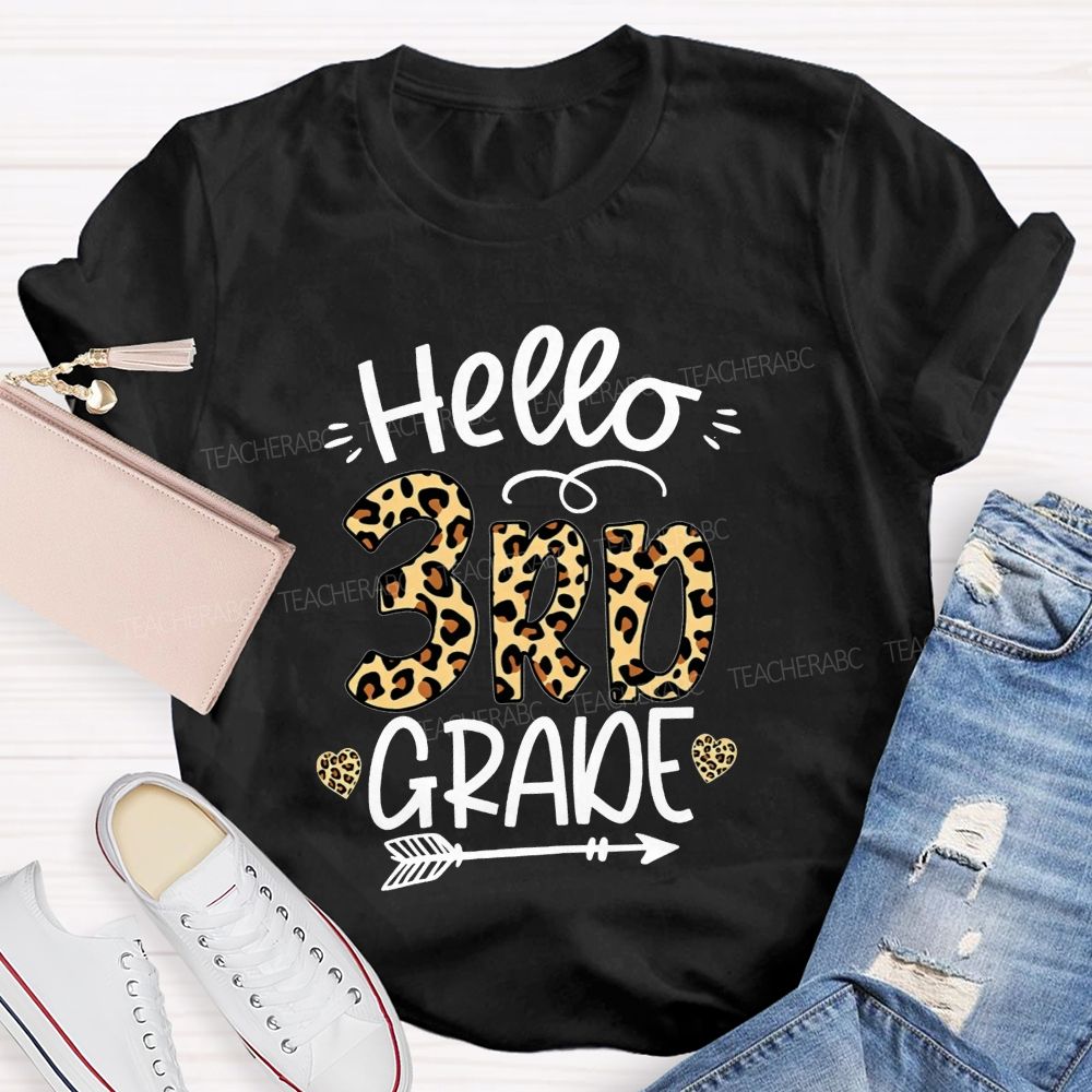 Personalized Grade Hello 3rd Grade Leopard Print Heart Arrow Teacher T-shirt