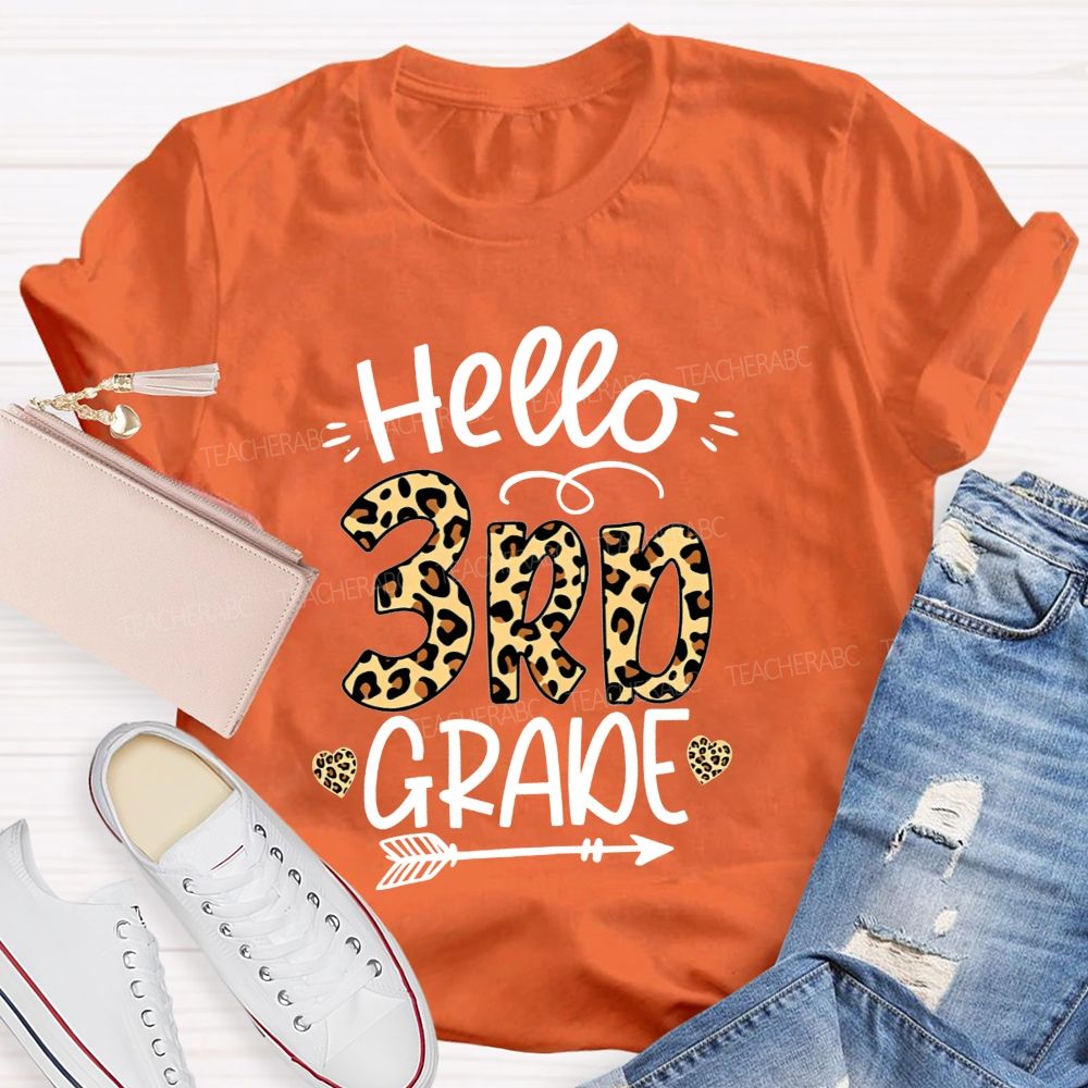 Personalized Grade Hello 3rd Grade Leopard Print Heart Arrow Teacher T-shirt