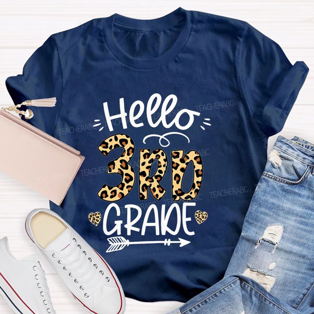 Personalized Grade Hello 3rd Grade Leopard Print Heart Arrow Teacher T-shirt