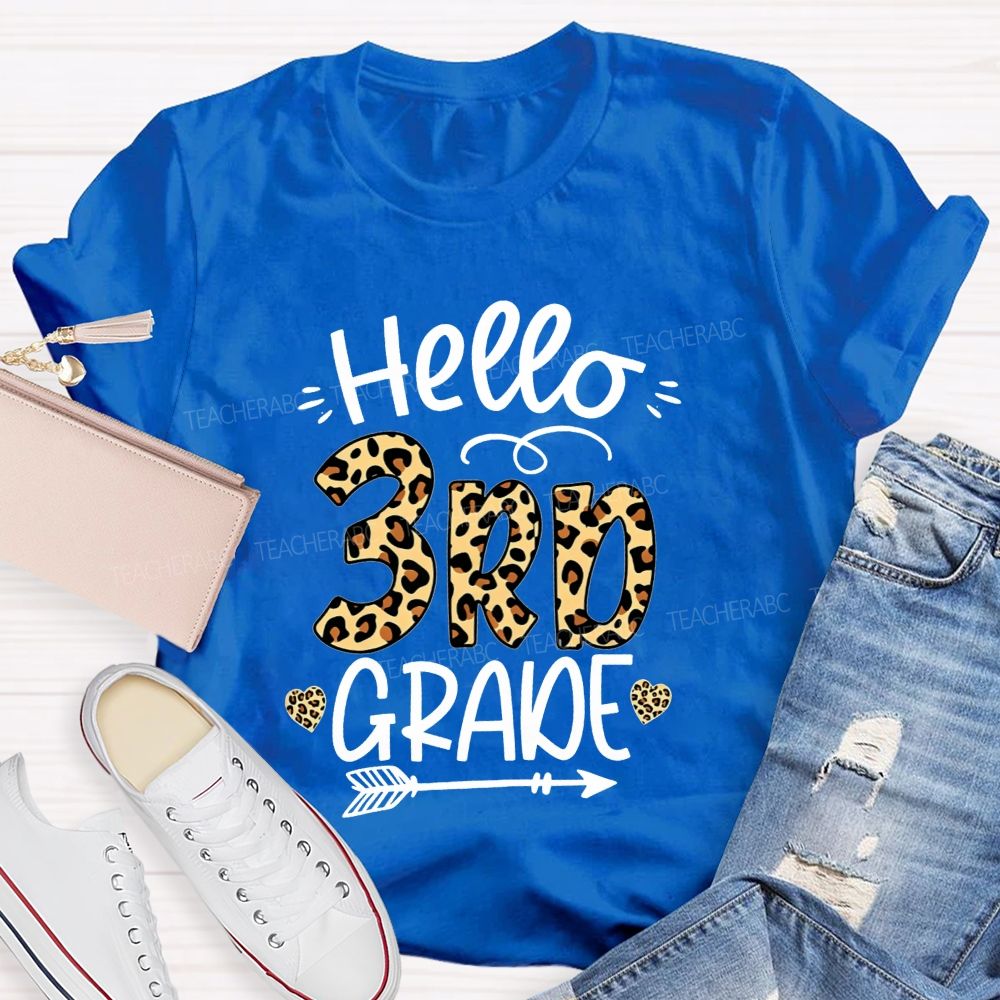 Personalized Grade Hello 3rd Grade Leopard Print Heart Arrow Teacher T-shirt