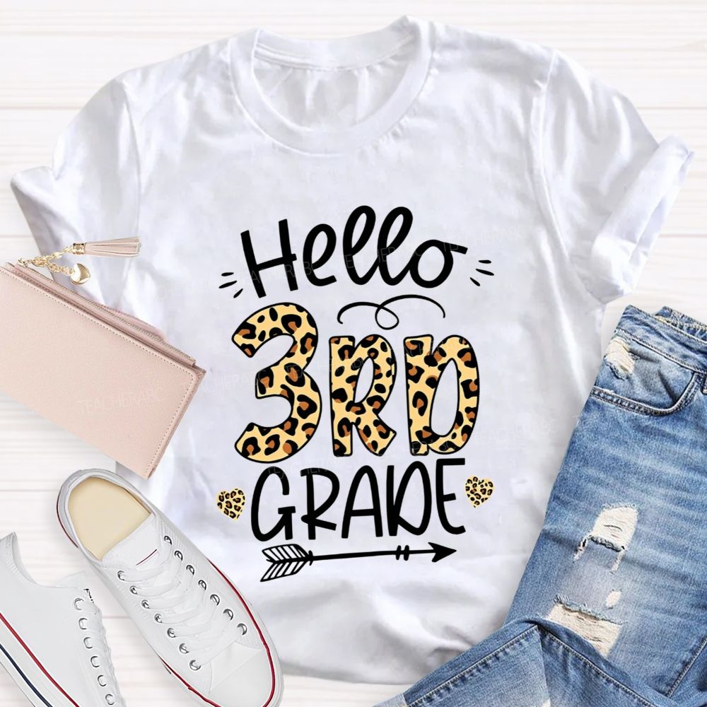 Personalized Grade Hello 3rd Grade Leopard Print Heart Arrow Teacher T-shirt