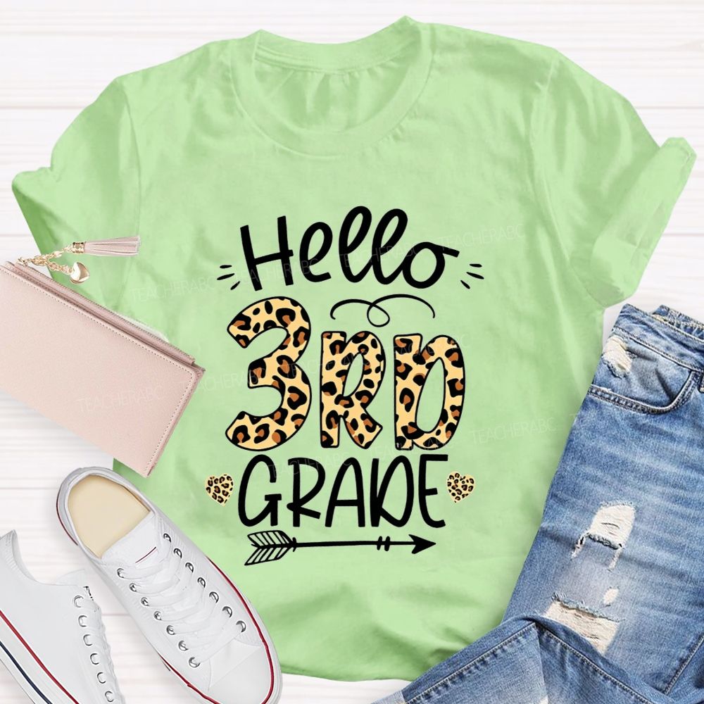 Personalized Grade Hello 3rd Grade Leopard Print Heart Arrow Teacher T-shirt