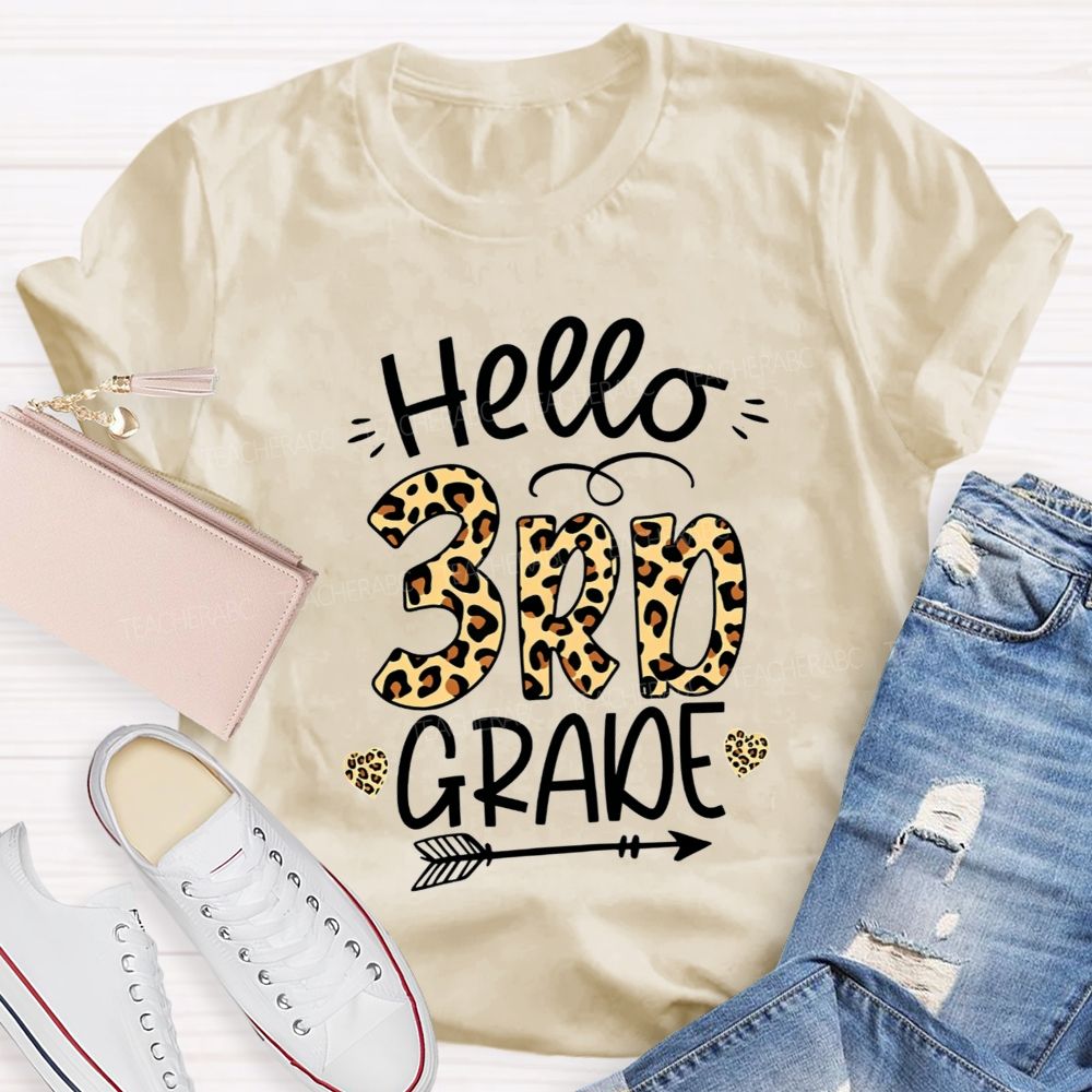 Personalized Grade Hello 3rd Grade Leopard Print Heart Arrow Teacher T-shirt