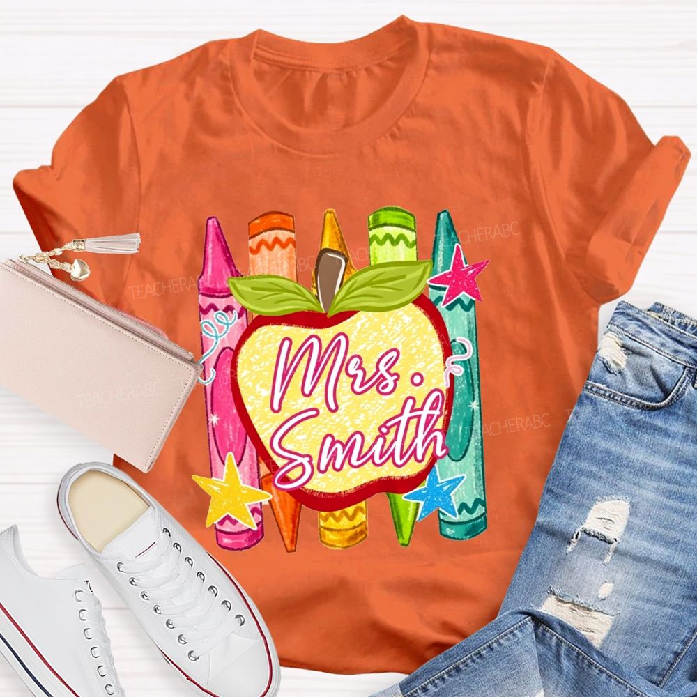 Personalized Name Teacher Apple Crayon Star Graphic Teacher T-shirt
