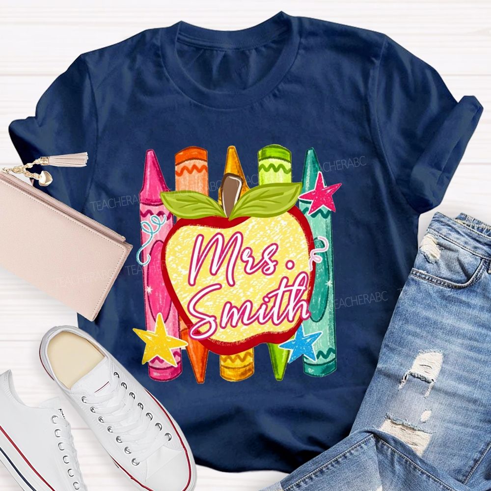Personalized Name Teacher Apple Crayon Star Graphic Teacher T-shirt