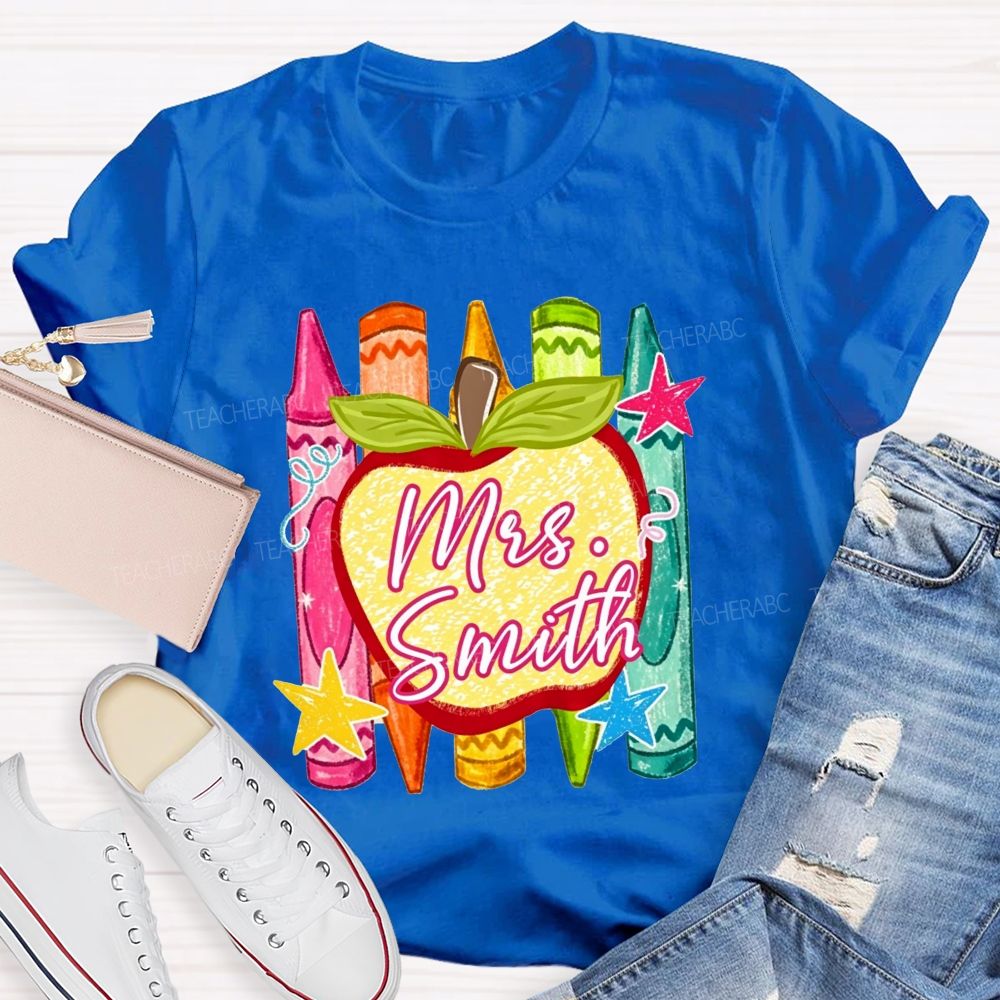 Personalized Name Teacher Apple Crayon Star Graphic Teacher T-shirt