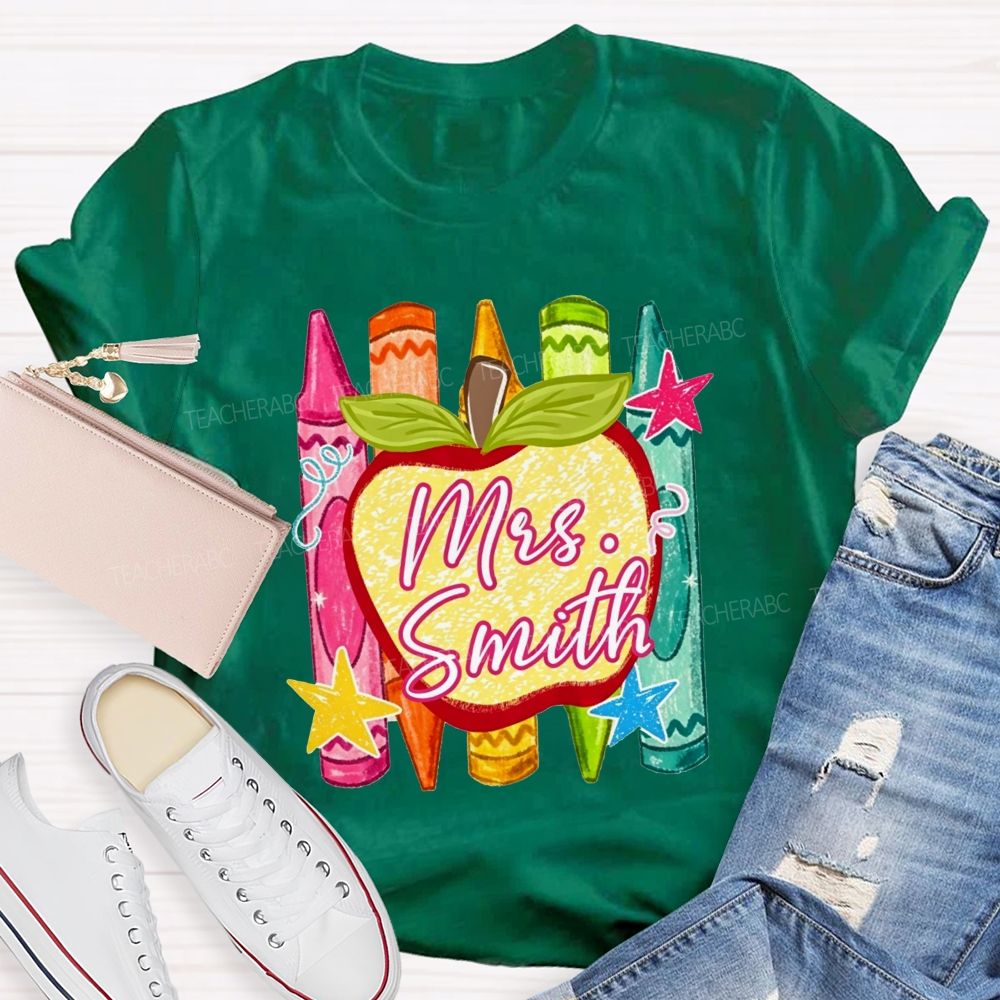 Personalized Name Teacher Apple Crayon Star Graphic Teacher T-shirt