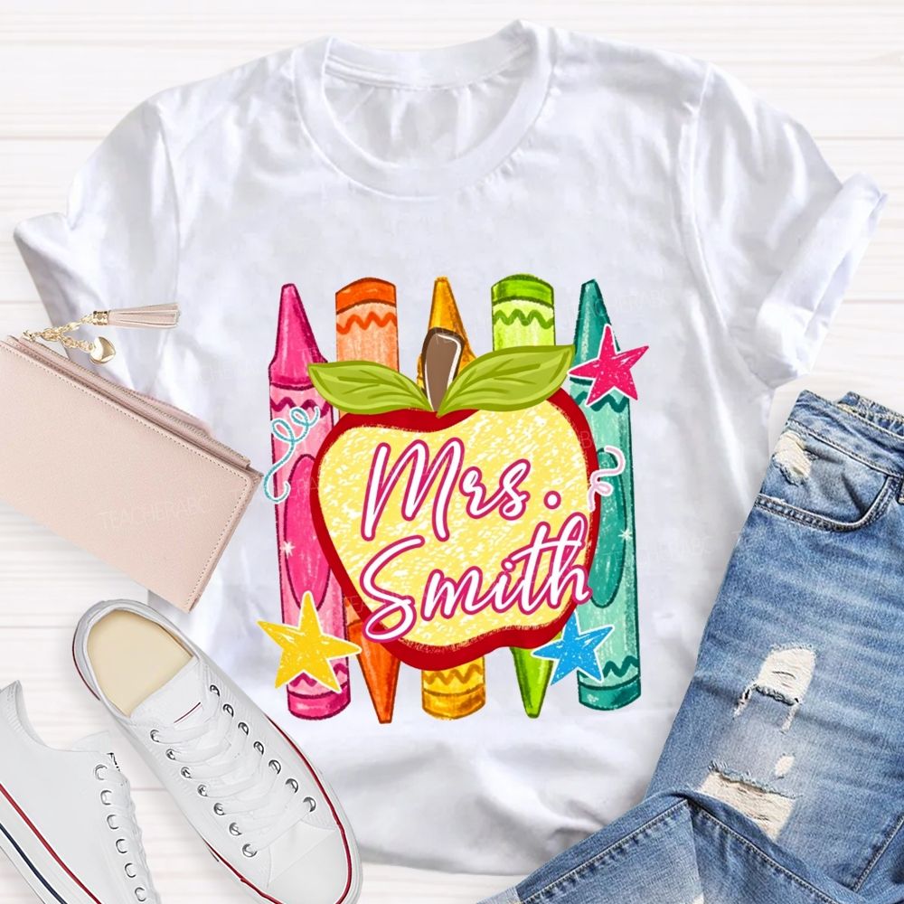 Personalized Name Teacher Apple Crayon Star Graphic Teacher T-shirt