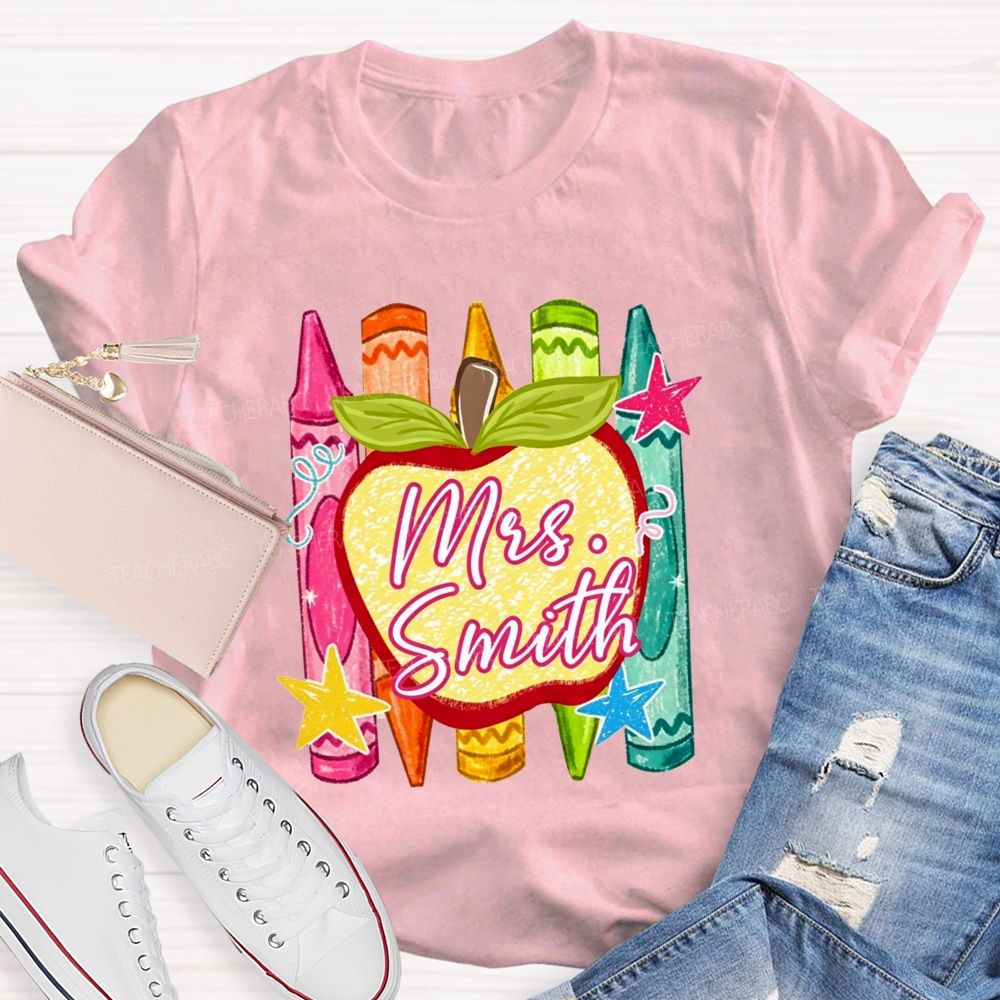 Personalized Name Teacher Apple Crayon Star Graphic Teacher T-shirt