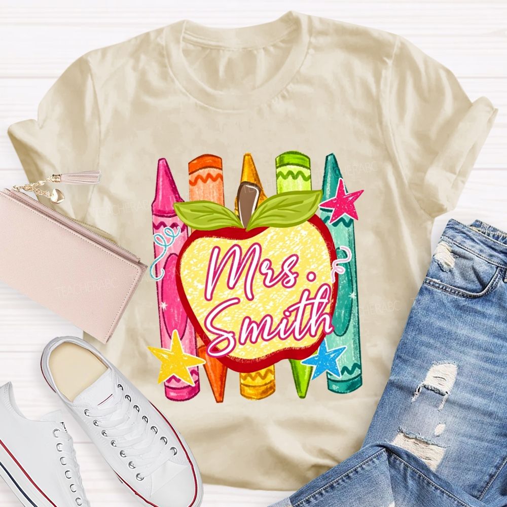 Personalized Name Teacher Apple Crayon Star Graphic Teacher T-shirt
