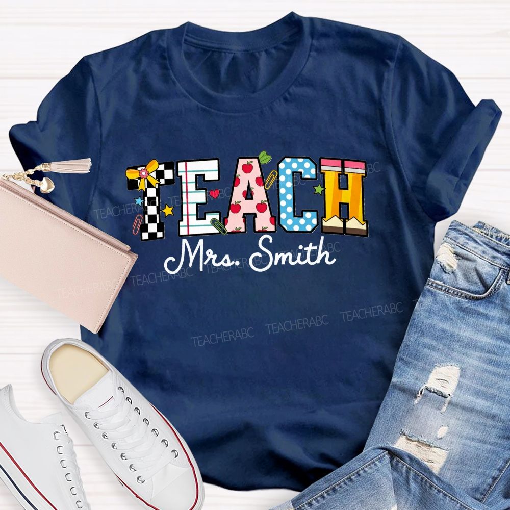 Personalized Name Teach Notebook Apple Pencil Letter Print Teacher T-shirt