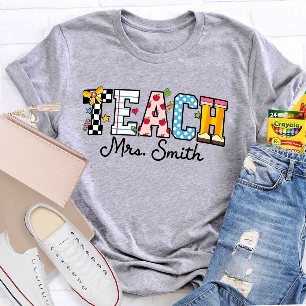 Personalized Name Teach Notebook Apple Pencil Letter Print Teacher T-shirt