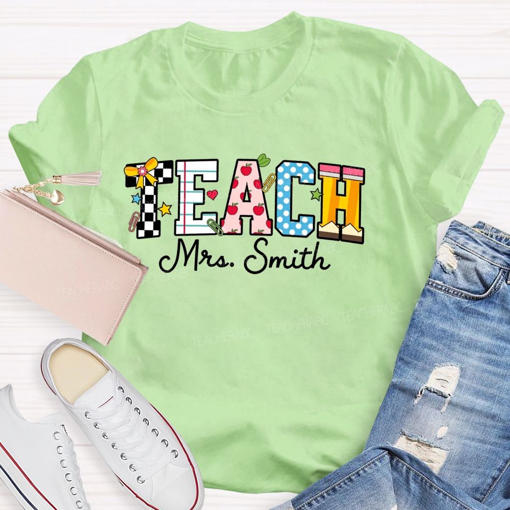 Personalized Name Teach Notebook Apple Pencil Letter Print Teacher T-shirt
