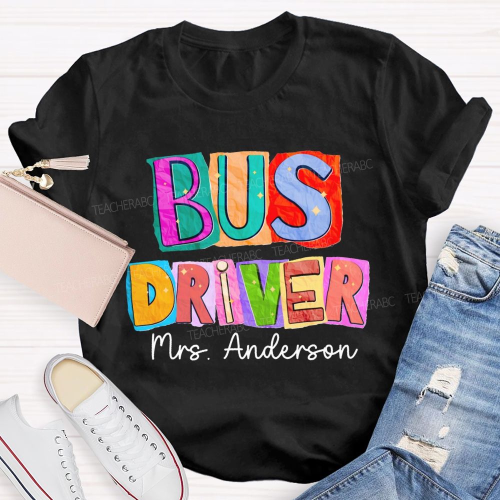 Personalized Name Bus Driver Color Block Back To School Teacher T-Shirt