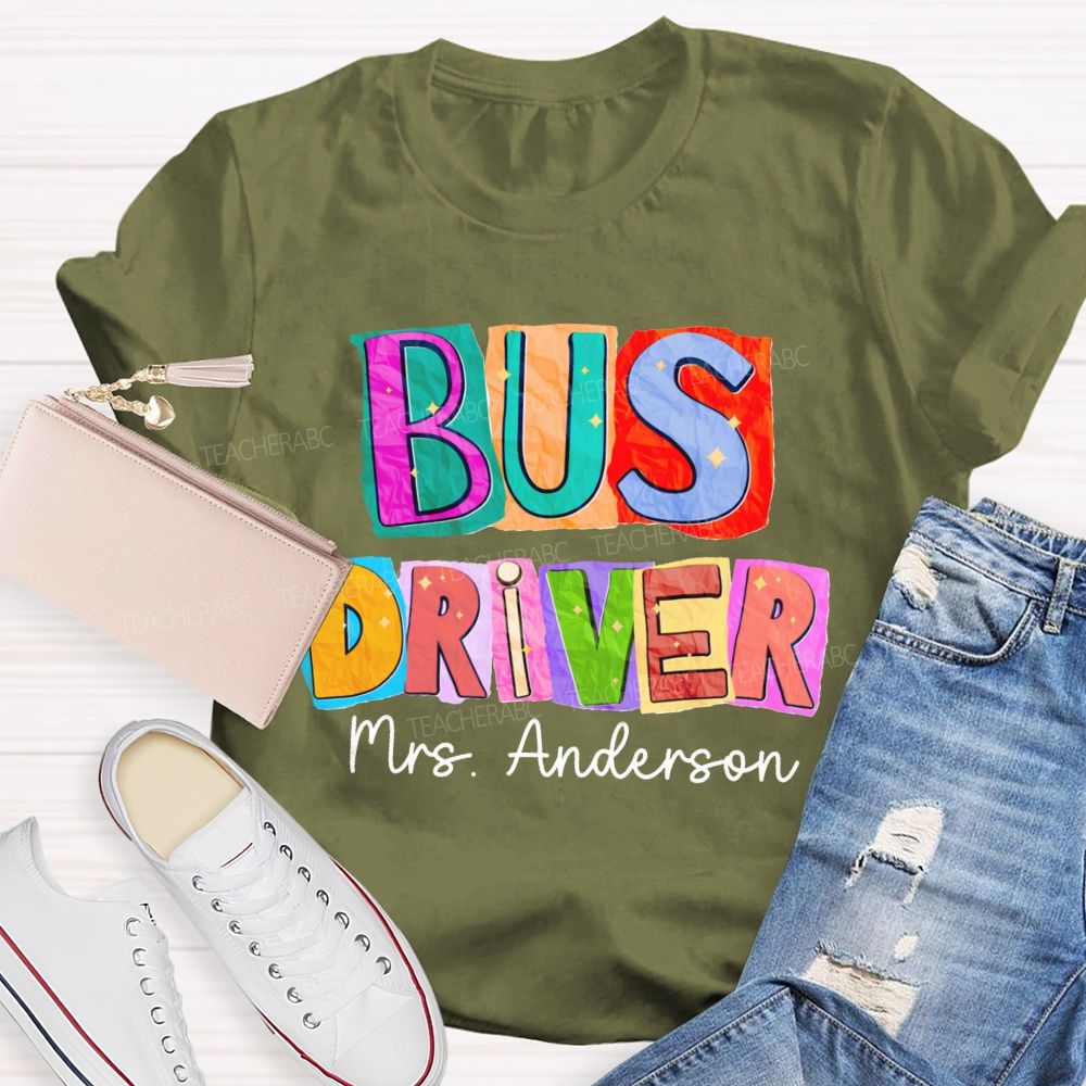 Personalized Name Bus Driver Color Block Back To School Teacher T-Shirt