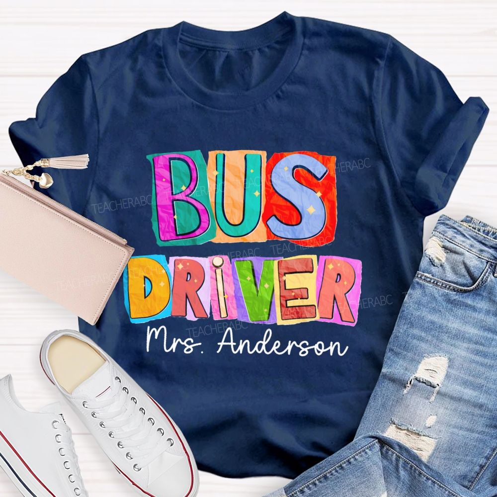 Personalized Name Bus Driver Color Block Back To School Teacher T-Shirt