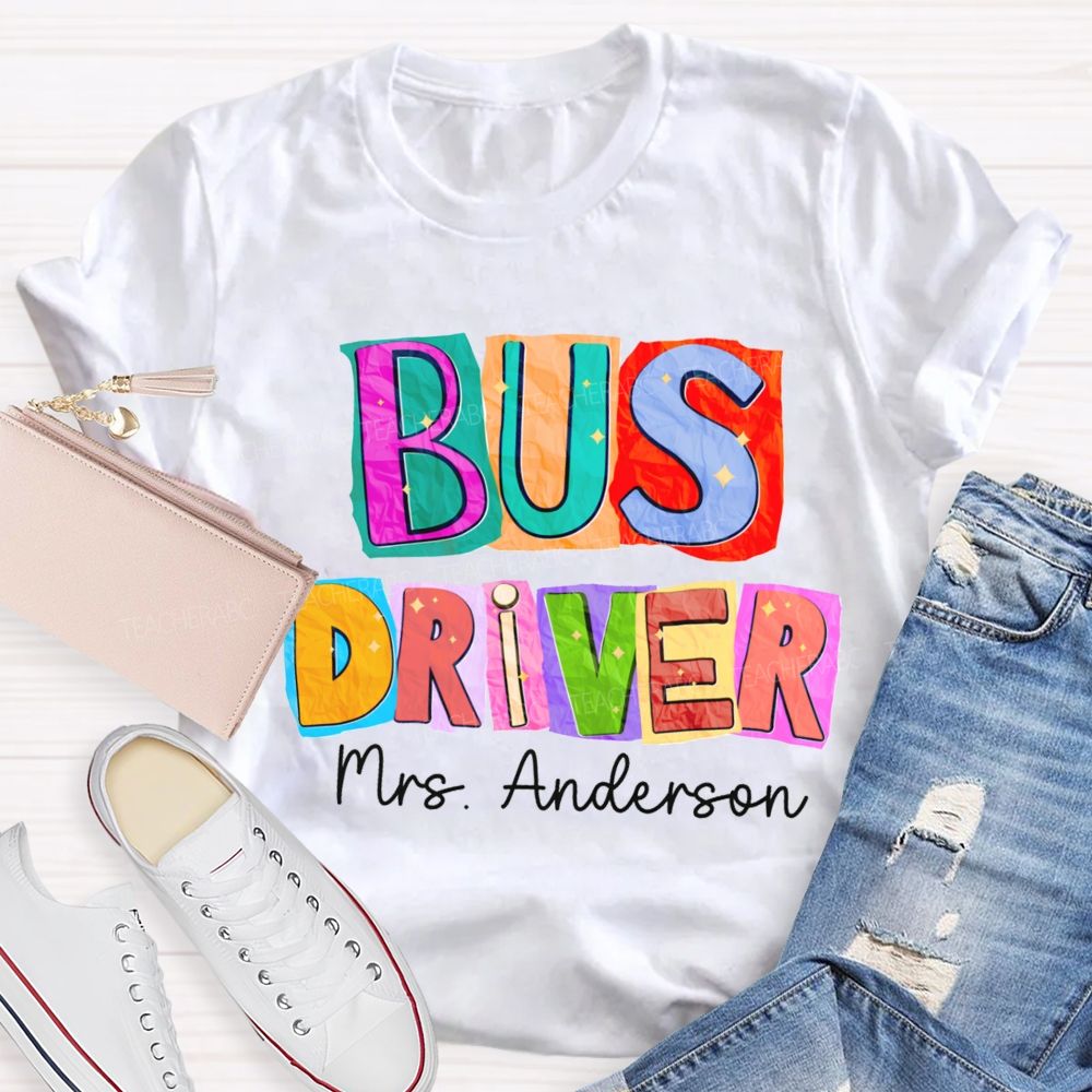 Personalized Name Bus Driver Color Block Back To School Teacher T-Shirt