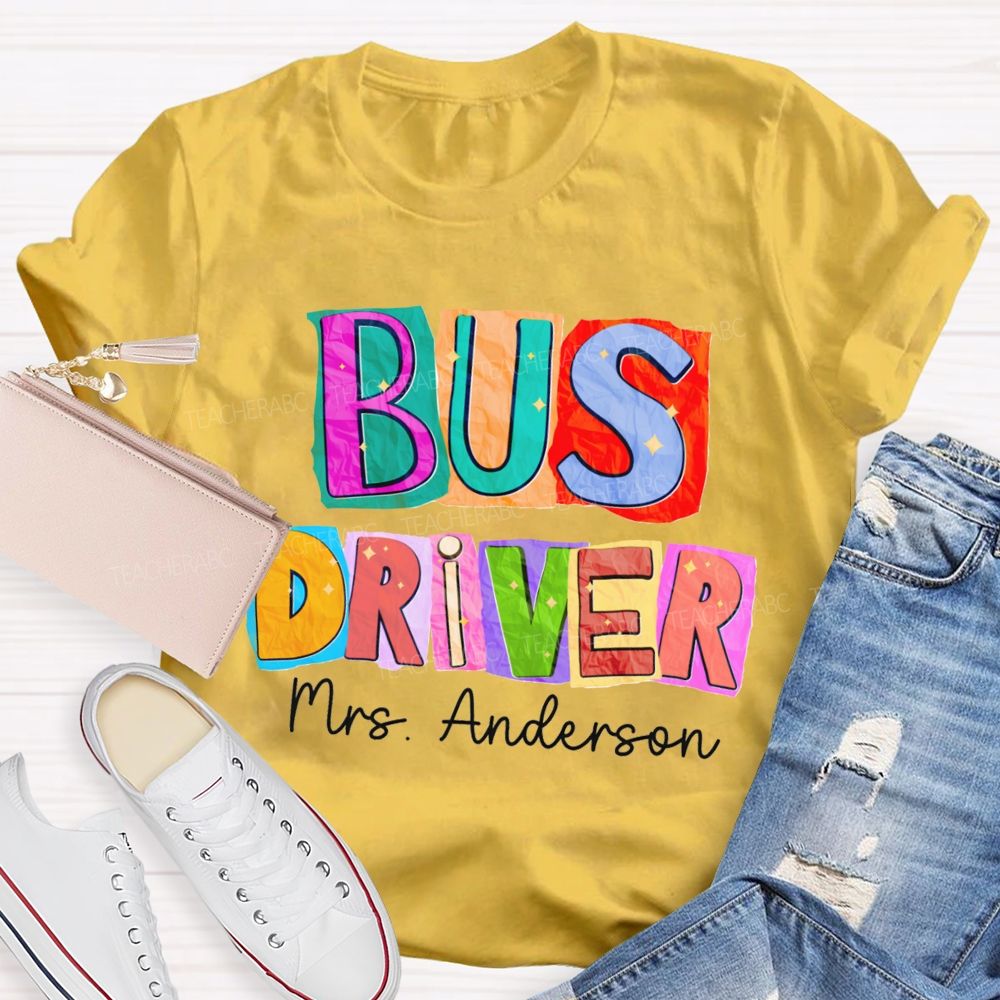 Personalized Name Bus Driver Color Block Back To School Teacher T-Shirt