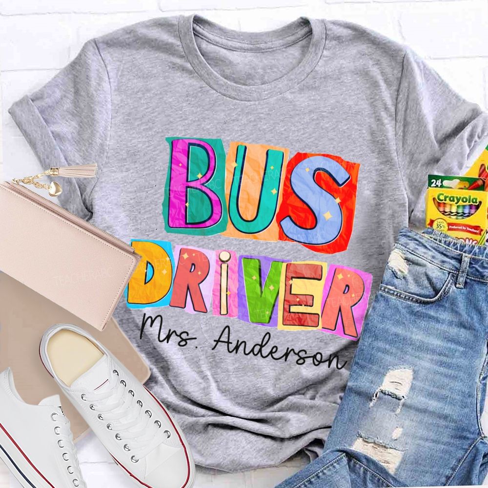 Personalized Name Bus Driver Color Block Back To School Teacher T-Shirt