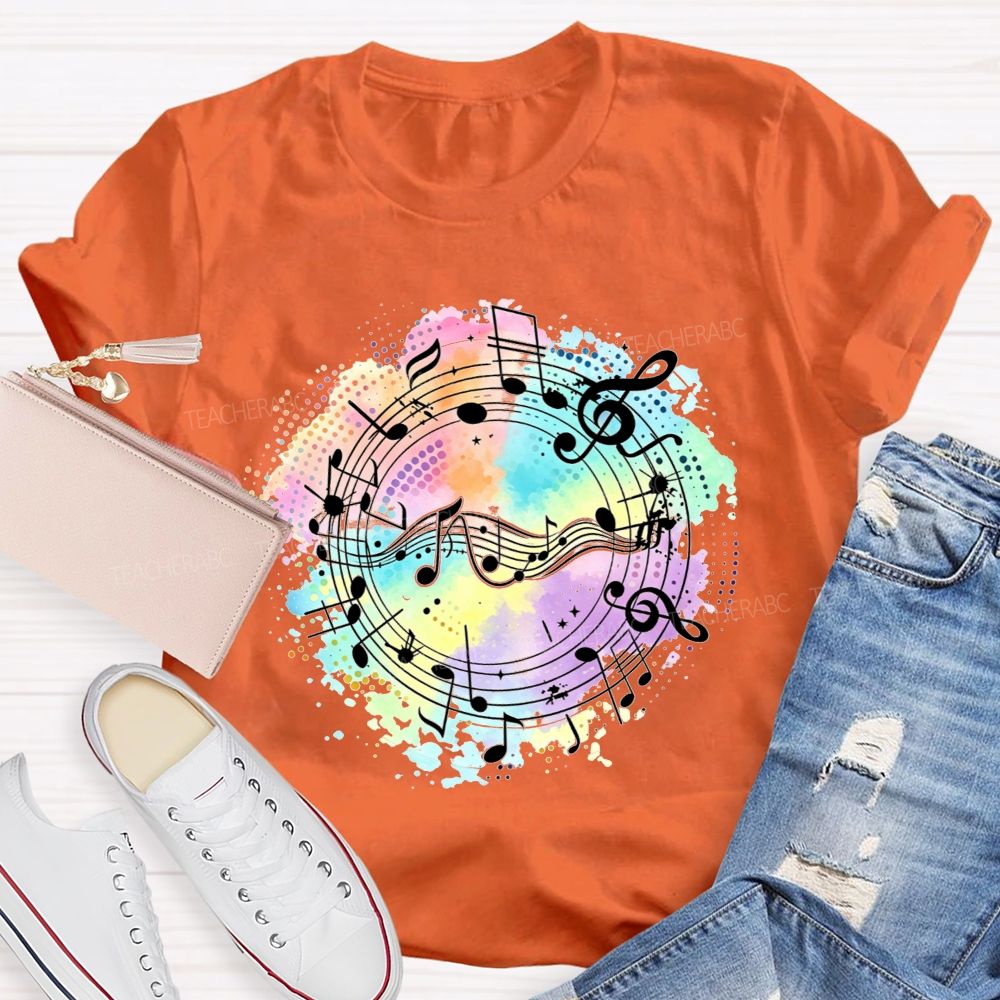 Rainbow Watercolor Music Notes Treble Clef Sheet Music Teacher T-shirt