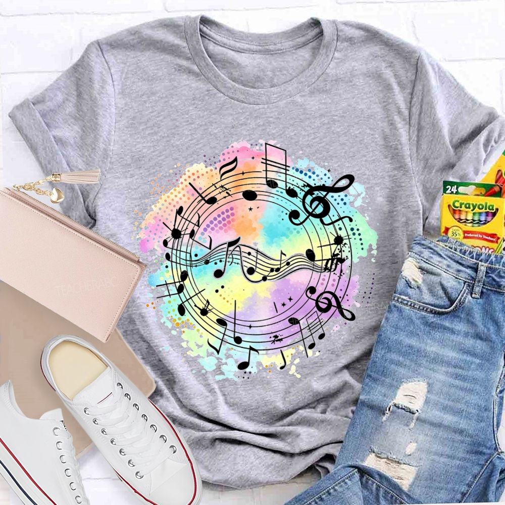 Rainbow Watercolor Music Notes Treble Clef Sheet Music Teacher T-shirt