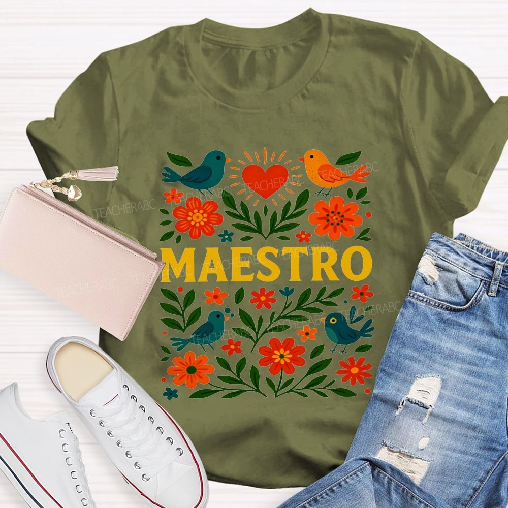 Maestro Heart Flower Bird Bilingual Teacher T-shirt