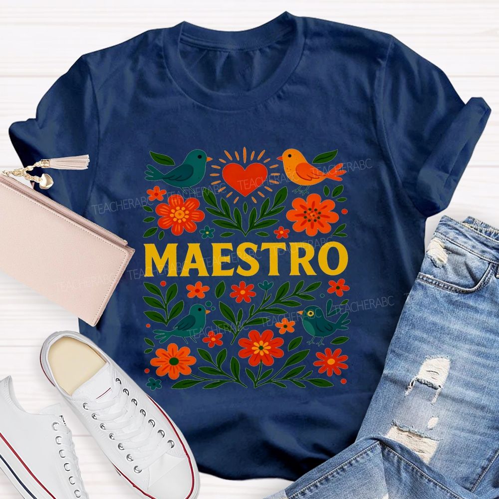 Maestro Heart Flower Bird Bilingual Teacher T-shirt