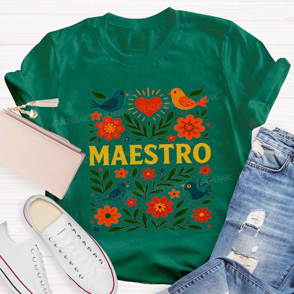 Maestro Heart Flower Bird Bilingual Teacher T-shirt