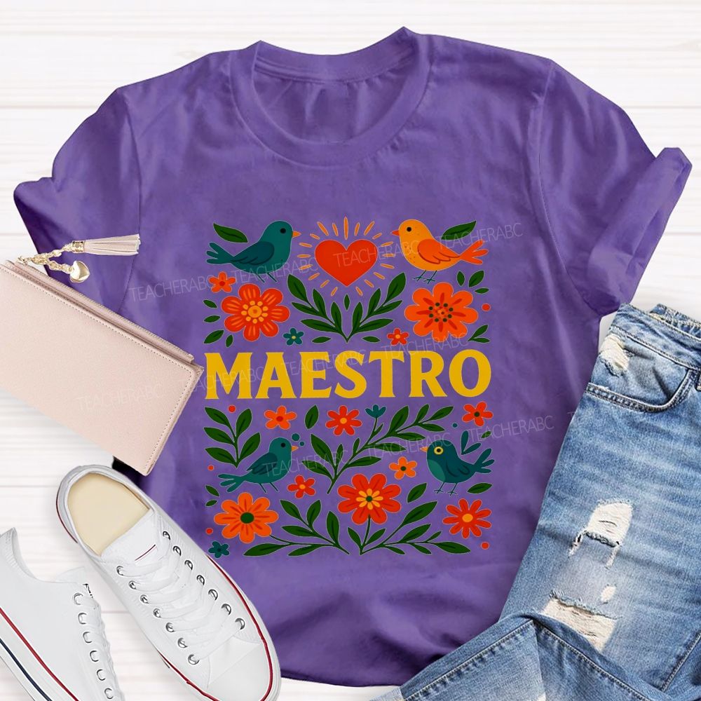 Maestro Heart Flower Bird Bilingual Teacher T-shirt