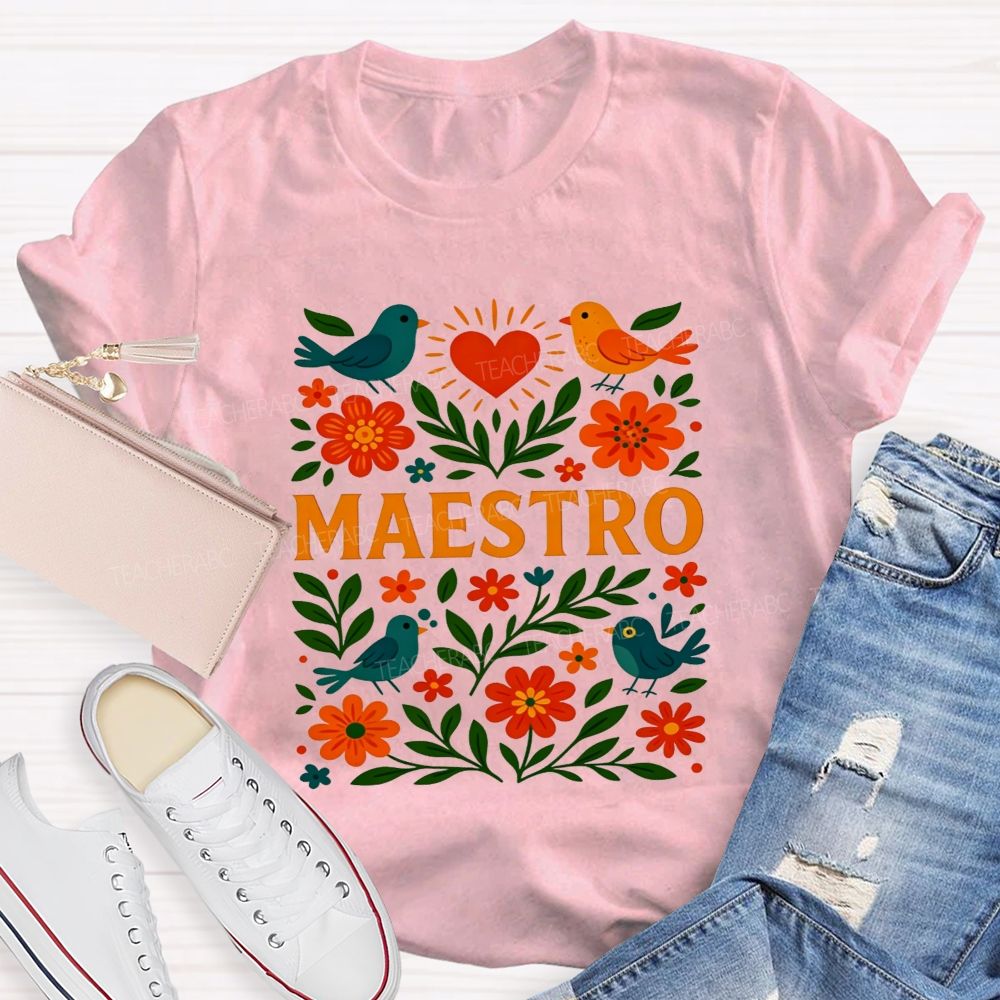Maestro Heart Flower Bird Bilingual Teacher T-shirt