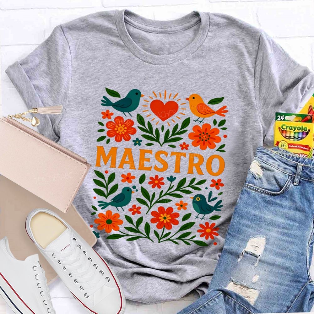 Maestro Heart Flower Bird Bilingual Teacher T-shirt