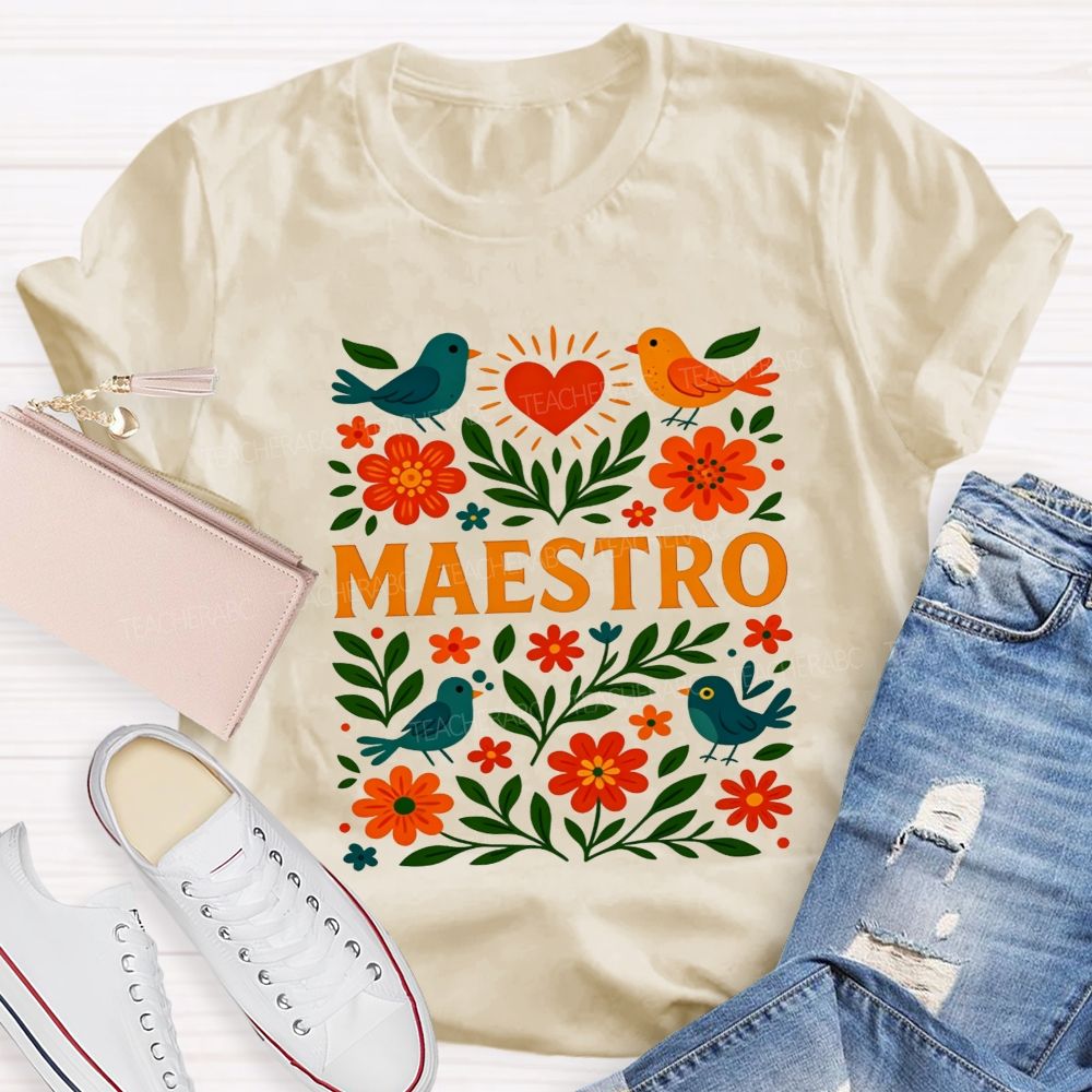 Maestro Heart Flower Bird Bilingual Teacher T-shirt