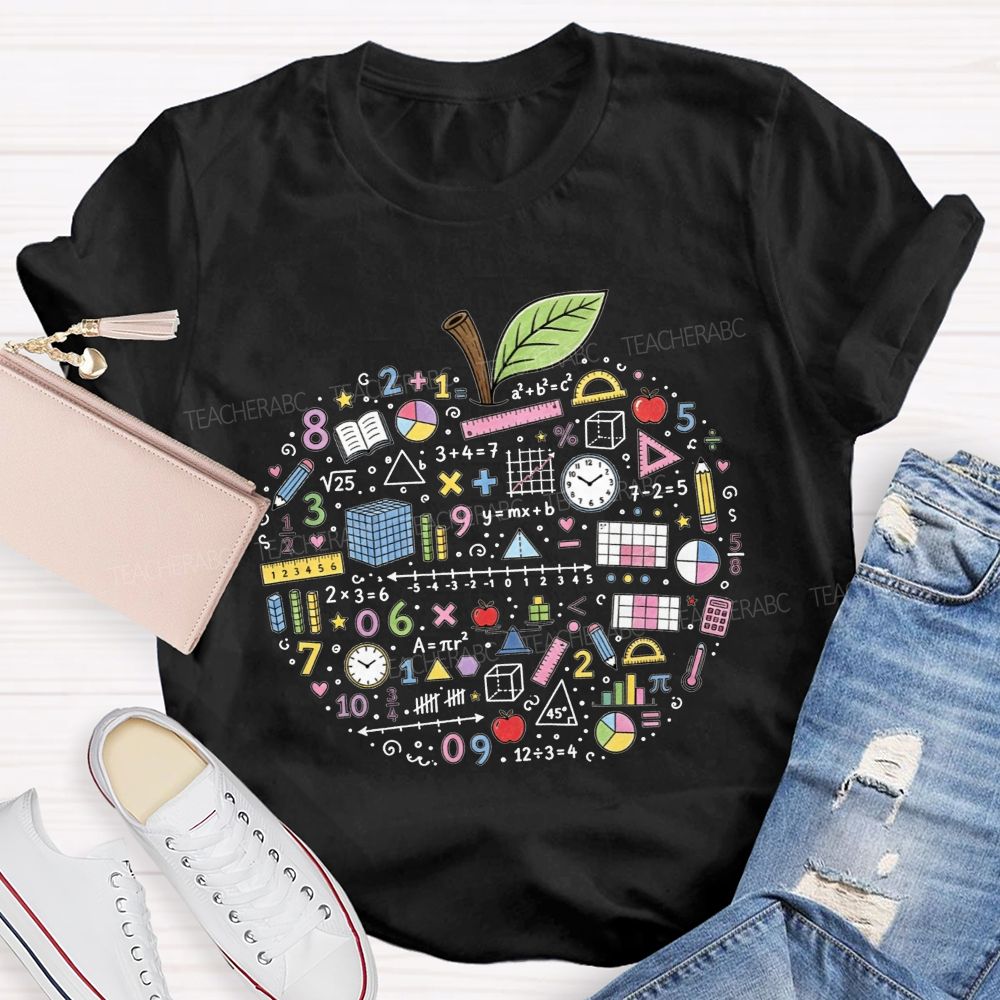 Math Teacher Apple Doodle Math Equations Geometry Formulas T-shirt