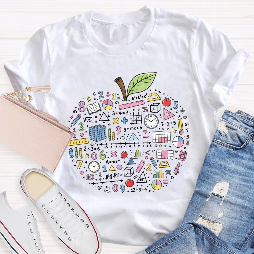 Math Teacher Apple Doodle Math Equations Geometry Formulas T-shirt