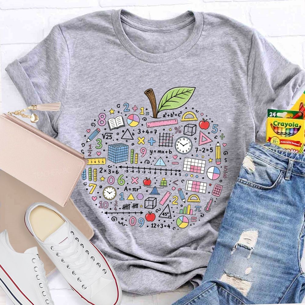 Math Teacher Apple Doodle Math Equations Geometry Formulas T-shirt